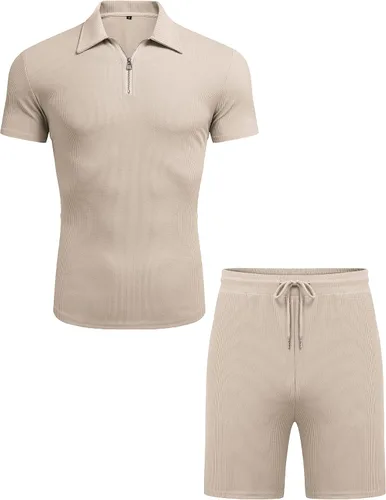 Miniatura 4 de URRU Conjunto de camisa polo y pantalones cortos para hombre, trajes de verano casuales de manga corta para hombre, conjunto de 2 piezas