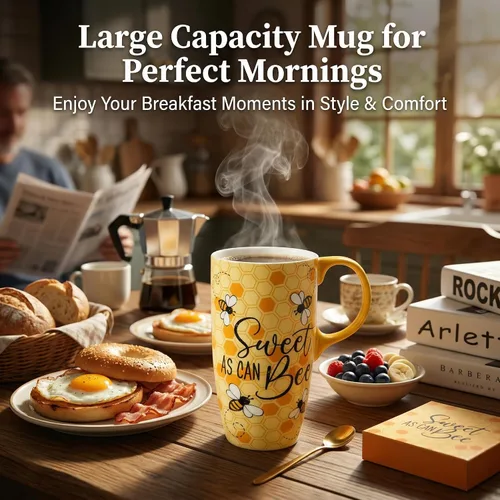 Miniatura 6 de Topadorn Taza de cerámica de café de porcelana con tapa en caja de regalo de 17 onzas, tazas de café novedosas para hombres, mujeres, oficina y Abeja