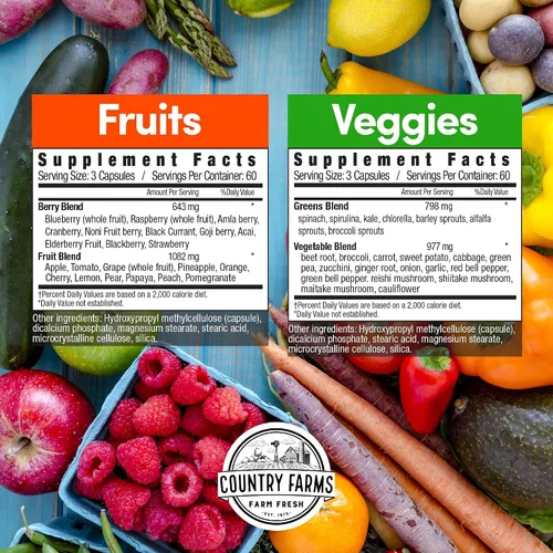 Miniatura 2 de Country Farms Suplemento de frutas y verduras, 180 cápsulas de frutas y 180 verduras, verduras y rojos llenos de superalimentos, potentes