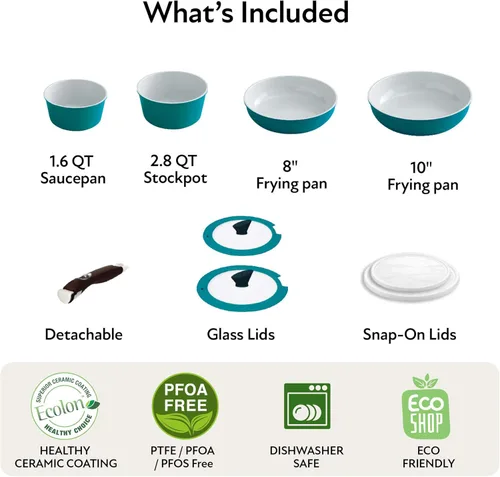 Miniatura 6 de Neoflam Midas cerámica antiadherente utensilios de cocina set con mango extraíble, Midas Plus 9pc, Verde esmeralda