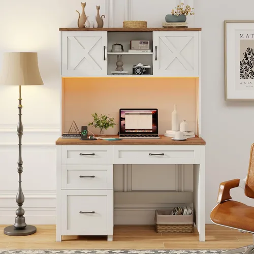 Miniatura 22 de Escritorio ejecutivo Farmhouse de 67" de altura con estante superior, escritorio de oficina con 4 cajones y luz LED, mesa de computadora con Gris