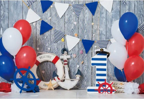Miniatura 3 de Yeele Telón de fondo de 1.º cumpleaños de niño de 5 x 3 pies, globos azules, blancos y rojos, ancla, tablero de madera para fotografía, tema náutico