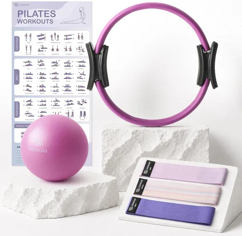 LIONSCOOL Juego de Anillo de Pilates – Círculo Mágico Antideformación de 14 pulgadas con Asas Acolchadas, Mini Pelota, Bandas de Resistencia, Guía y