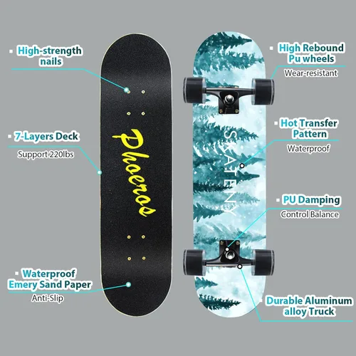 Miniatura 2 de PHOEROS Complete Skateboards- Standard Skateboards for Beginners Kids Boys Girls Teenager- 31''x 10''Canadian Maple Cruiser Pro Skate Board