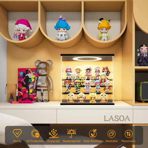 Miniatura 2 de LASOA Vitrina acrílica de 3 niveles con luz LED ajustable, caja transparente para figuras de acción, coleccionables y miniaturas, estante