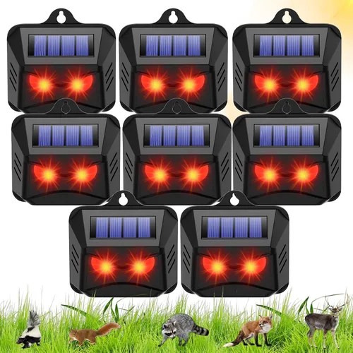 Paquete de 8 repelentes solares nocturnos de animales para exteriores con ojos depredadores rojos, luces disuasorias de animales nocturnos para