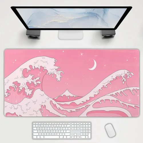 Miniatura 28 de Alfombrilla de mouse para juegos XL japonesa en negro y rojo con arte de peces koi, textura dorada, anime, borde cosido, base de goma antideslizante