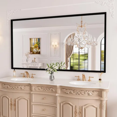 Miniatura 91 de WEER - Espejo de baño dorado, espejo de 40x32 pulgadas con marco de metal dorado cepillado, espejo de tocador de baño de oro para pared