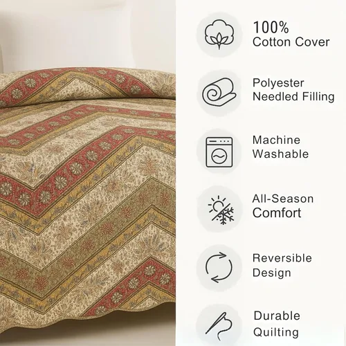Miniatura 2 de DaDa Bedding - Juego de colcha bohemia acolchada con estampado floral, rústico, rojo arándano, salvia, verde, cheurón, cachemira, filigrana, bordes
