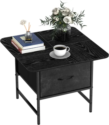 Miniatura 9 de Shinoske Mesa auxiliar cuadrada con cajón de almacenamiento, pequeñas mesas de centro negras para sala de estar, mesa central de granja de 2 niveles