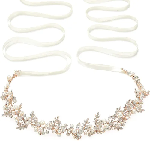 Miniatura 9 de SWEETV Cinturón nupcial de oro rosa con diamantes de imitación Cinturón de vestido de novia hecho a mano Hoja con cuentas Faja de, Oro Rosa