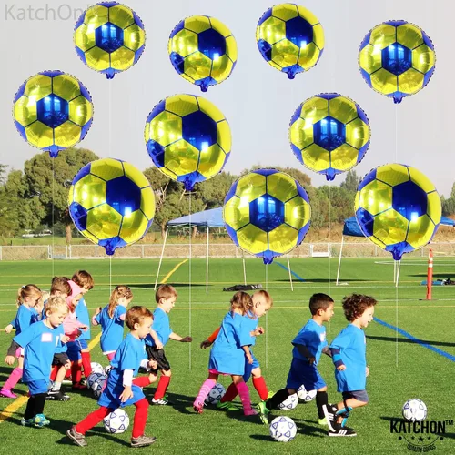 Miniatura 9 de Paquete de 20 globos metálicos de fútbol de 18 pulgadas, suministros de fiesta de cumpleaños de fútbol, globos redondos de papel de aluminio de bola