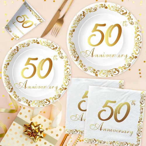 Miniatura 3 de APOWBLS Decoraciones y suministros para el 50 aniversario – Decoración dorada del 50 aniversario de boda, suministros para fiesta, plato de papel