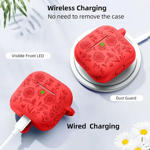 Miniatura 5 de DaQin Funda protectora de silicona suave para Airpods 4, con grabado de flores, compatible con Apple Airpods de 4ª generación, con kit limpiador