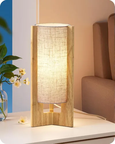 EDISHINE Lámpara de mesa pequeña de madera, lámpara de noche moderna de 13.5 pulgadas, pantalla de lino beige, lámpara cilíndrica de madera natural