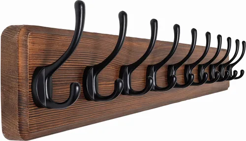 Miniatura 15 de SKOLOO Perchero rústico montado en la pared con distancia de orificio de montaje de 16 pulgadas, gancho de madera maciza de pino, 5 ganchos