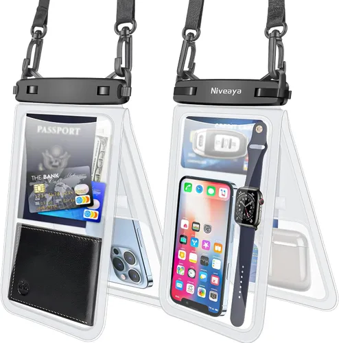 Miniatura 12 de Niveaya Bolsa impermeable para teléfono con doble espacio - 2 unidades, funda impermeable con cordón para iPhone 16/15/14/13/12 Pro Max hasta 8.3