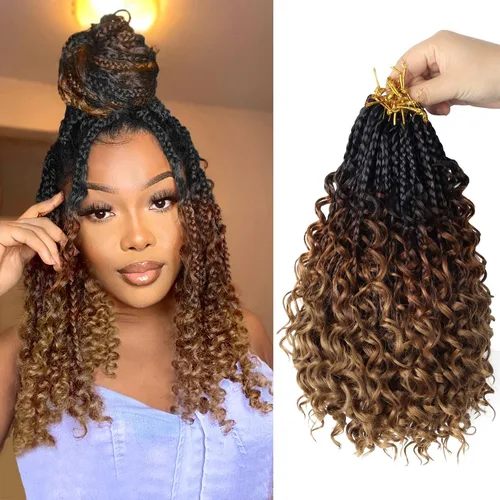 Miniatura 82 de Goddess Box Braids - Trenzas de cabello a ganchillo con extremos rizados, trenzas de caja bohemianas de 16 pulgadas, trenzas de ganchillo, 8 1B-4-30