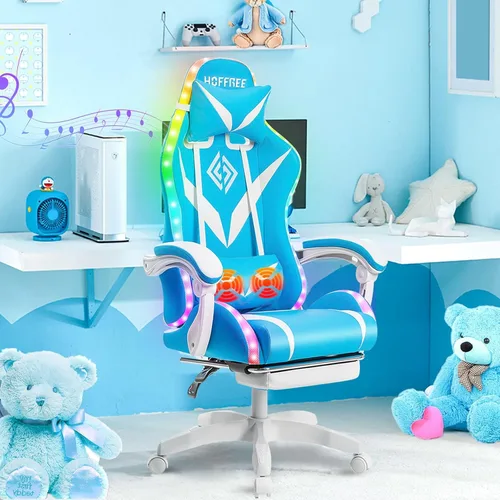 Miniatura 9 de HOFFREE - Silla gamer con masaje, altavoces Bluetooth y luces LED, silla ergonómica para computadora y videojuegos con reposapiés, silla de Azul