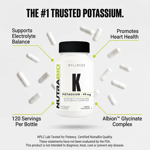Miniatura 5 de NutraBio Complejo de potasio, suplemento de potasio para un corazón, huesos, músculos y digestión saludables, 99 mg - 120 cápsulas vegetales