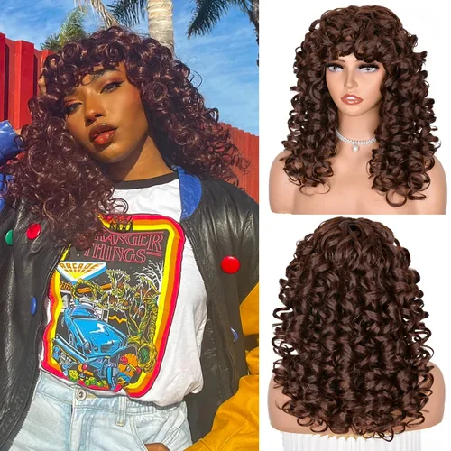 ANNISOUL Pelucas rizadas marrones para mujeres negras, peluca afro larga con flequillo para mujeres, fibra sintética sin pegamento, pelo voluminoso