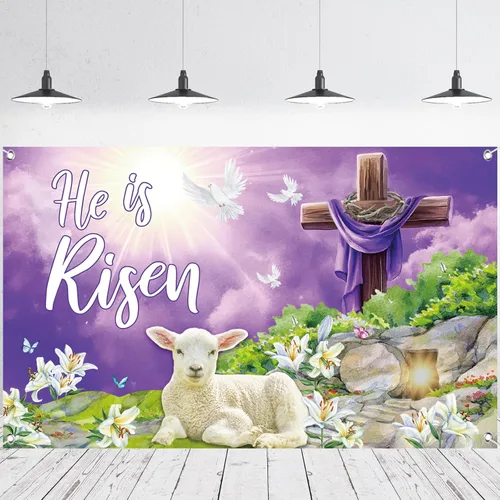 Miniatura 10 de Moukeren Decoraciones de telón de fondo de Pascua con texto en inglés «He is resucitado», pancarta de fotografía con cruz de Jesús, fondo de flores