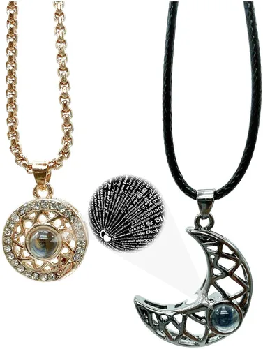 Collar con colgante a juego con diseño de pareja de sol y luna de diferentes colores, con proyección en 100 idiomas, texto en inglés "I love you",