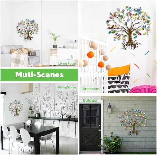 Miniatura 5 de VEWOSTAR Arte de pared de metal para sala de estar, decoración del hogar, hojas coloridas, escultura de pared, árbol de la vida, hecho a mano