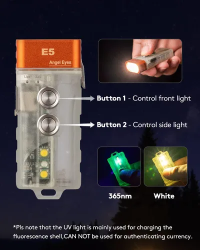 Miniatura 5 de Linterna con llavero RovyVon Angel Eyes E5 GITD, linterna EDC con 700 lúmenes de luz principal y luces auxiliares prácticas, alimentada por batería