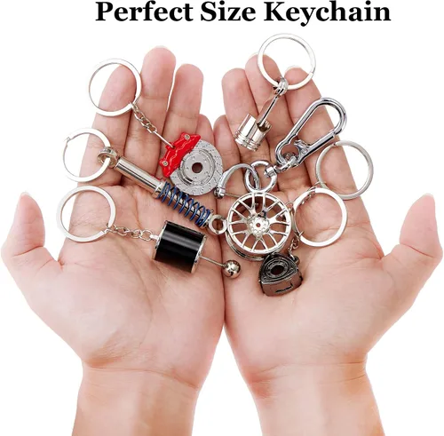 Miniatura 6 de Frienda Juego de 8 llaveros de mini herramientas para amantes de los automóviles, almohadilla de freno, rueda de coche, llavero turbo para hombres