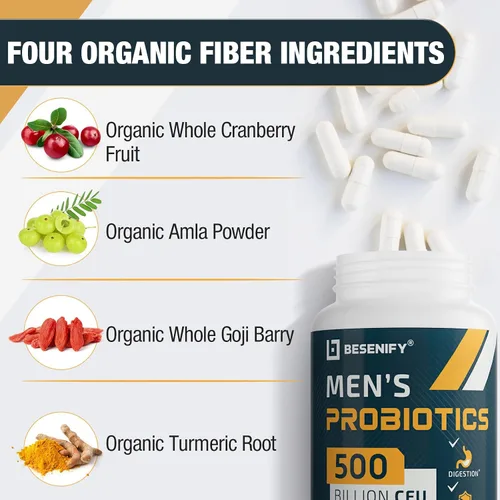 Miniatura 3 de Probióticos para hombres, 500 mil millones de CFU y 12 cepas, probiótico para hombres con cúrcuma, arándano, goji - Probióticos para la salud