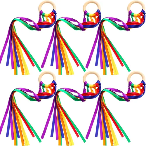 Sumind 6 piezas de varitas de cinta arcoíris para niños, cometas de mano, juguete de hilos de serpentina para bailarines, varita lanzada Waldorf con