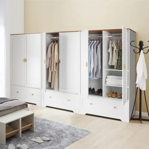 Miniatura 17 de VINGLI Armario Ropero Acanalado con Puertas y Cajones, Gabinete Armario con Barra para Colgar, Armario de Dormitorio de Madera de Roble, Armario