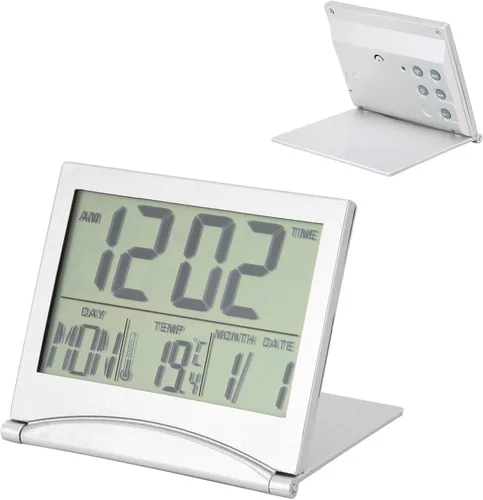 Miniatura 7 de Reloj electrónico compacto con alarma plegable, fácil de leer, reloj atómico de escritorio, ajuste automático, pantalla de reloj despertador digital