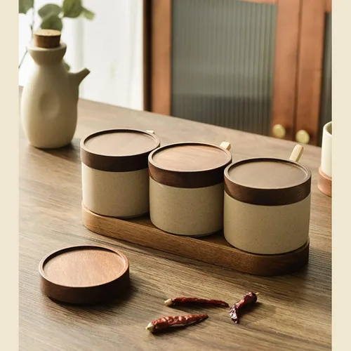 Miniatura 4 de Tarros de especias Tarro de condimentos de cerámica áspera de estilo japonés chino retro cocina tarro de condimentos de cerámica tarro de sal caja