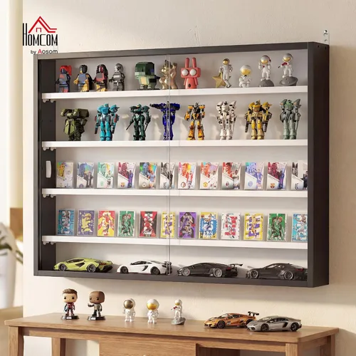 Miniatura 2 de HOMCOM Vitrina de 5 niveles, armario de puerta de vidrio con estantes ajustables, vitrina de pared para sala de juegos, dormitorio, blanco y negro