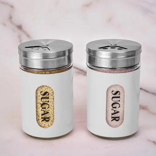 Miniatura 3 de Espolvoreador de Azúcar de Acero Inoxidable y Vidrio con Agujeros de Vertido Ajustables Espolvoreador de Canela Para Barra de Café, juego de 2 Blanco