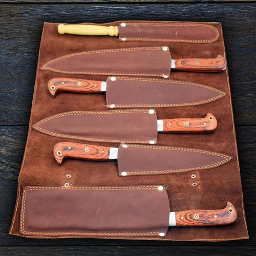 Miniatura 4 de Damasco - Juego de cuchillos de chef de cocina de 6 piezas, cuchillas completas de espiga marrón y azul, mango de madera de Pakka con funda de cuero