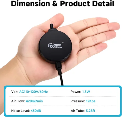 Miniatura 6 de hygger Mini bomba de aire para acuario de 1.5 W, aireador silencioso con clip de ventosa de tubo de piedra de aire, bomba de oxígeno pequeña