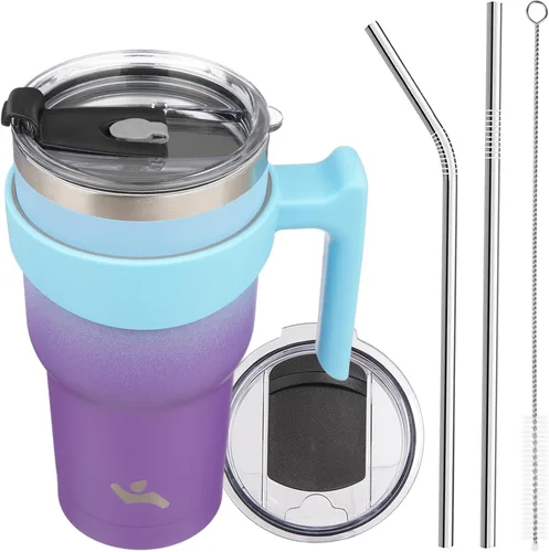 Miniatura 33 de Konokyo - Vaso de 10 onzas con asa y 2 popotes, 2 tapas, botella de agua aislada de acero inoxidable, taza de viaje reutilizable, color verde militar
