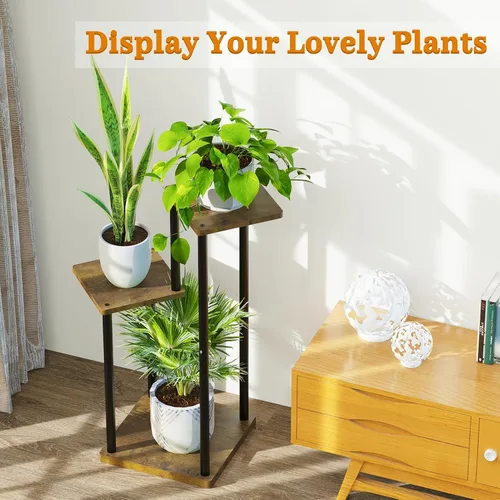 Miniatura 6 de Oppro Soporte para plantas de 3 niveles para interiores, soporte de esquina de metal de madera escalonada, soporte para macetas, estante de madera