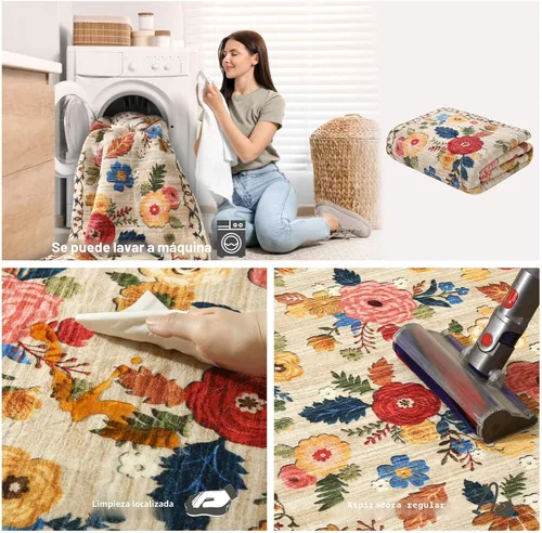 Miniatura 5 de Alfombras de 8x10 para Sala de Estar: Alfombra Lavable Resistente a Manchas, Vintage Floral Desgastada, Antideslizante, de Pila Baja, de Lana Beige