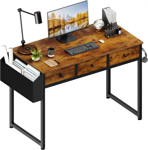 Lufeiya - Escritorio con cajones para dormitorio, oficina en casa, con 3 cajones de almacenamiento de tela y bolsillo, mesa de estudio para Marrón