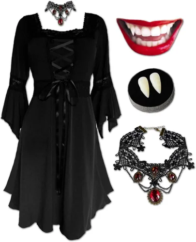 Miniatura 6 de Dare to Wear Disfraz de vampiro eterno: colmillos, gargantilla de rubí sintético y vestido renacentista gótico atemporal para mujer victoriana