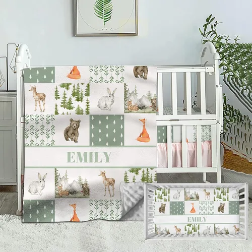 Miniatura 8 de Juego de cama personalizado para bebé, edredón para cuna con nombre personalizado y sábana bajera para niños y niñas, color verde vaca de tierra