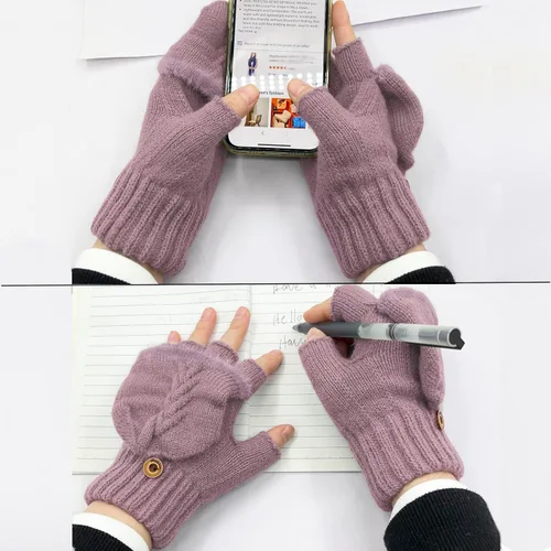 Miniatura 13 de Beurlike Guantes de invierno para mujer, de lana cálida, a prueba de viento, convertibles, sin dedos