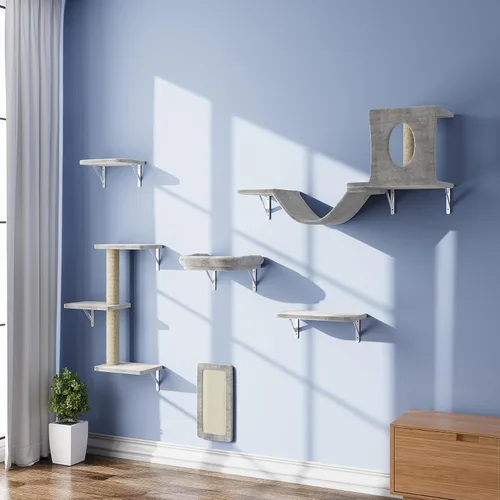 NUNU LAB Juego de muebles para gatos montados en la pared, juego de 6 piezas para escalar con casa, puente, escalones, tabla rascadora - Paredes de