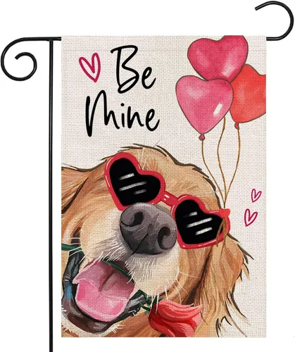 Bandera de jardín para el día de San Valentín, 12 x 18 pulgadas, de doble cara, dorado retriever con globos, bandera de patio pequeña, decoración de