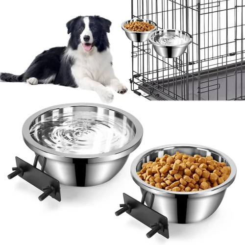 Miniatura 11 de Tazón de agua para jaula para perros sin derrames, paquete de 2 tazones colgantes para jaula para perros, tazones de agua y comida para perrera Negro