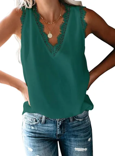 Miniatura 30 de VIISHOW - Camiseta sin mangas, sexy, con cuello en V y bordes de encaje para mujer, camisola de vestir, camisas de gasa, sin mangas, casuales